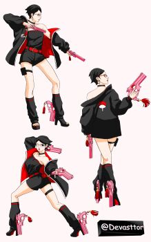 1girl absurdres arched_back bare_shoulders bayonetta_(series) belt black_choker black_hair black_jacket black_romper boruto:_two_blue_vortex choker commentary devasttor dual_persona earrings english_commentary glasses gun high_heels highres holding holding_gun holding_weapon jacket jewelry loose_socks naruto_(series) one_eye_closed parody parted_lips pink_lips pinky_out pouch red_belt red_eyes romper sharingan short_hair socks strapless_romper thigh_pouch trigger_discipline twitter_username uchiha_sarada weapon