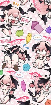 &lt;|&gt;_&lt;|&gt; 1girl absurdres ass bikini black_bikini black_bow black_wings blue_archive blush bow chibi closed_mouth commentary_request covering_own_mouth feathered_wings floral_print flying_sweatdrops hair_bow halo hand_over_own_mouth head_wings highres holding holding_sign koharu_(blue_archive) koharu_(swimsuit)_(blue_archive) kurihara_sakura low_wings multiple_views open_mouth pink_eyes pink_hair print_bikini sign spoken_blush swimsuit twintails wings