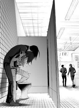 4boys against_wall ahoge bathroom bent_over blush checkered_clothes checkered_scarf commentary danganronpa_(series) danganronpa_v3:_killing_harmony from_side greyscale hand_under_clothes handjob highres indoors jacket long_sleeves male_focus matudairaks monochrome multiple_boys oma_kokichi pants public_indecency saihara_shuichi scarf shoes sound_effects stealth_handjob stealth_sex straitjacket tile_floor tile_wall tiles toilet toilet_stall yaoi