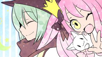 1boy 1girl :d arch_bishop_(ragnarok_online) blue_background brown_hat brown_scarf cat closed_eyes closed_mouth commentary_request crown green_hair hat long_hair looking_at_viewer mini_crown oekakipikki one_eye_closed open_mouth pink_hair ragnarok_online scarf short_hair smile upper_body wanderer_(ragnarok_online) white_cat yellow_eyes