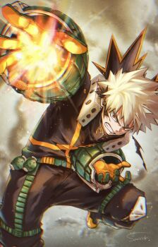 1boy bakugou_katsuki belt black_pants blonde_hair boku_no_hero_academia boots clenched_teeth explosion explosive gloves grenade hashtag-only_commentary highres male_focus multicolored_gloves outstretched_arm pants red_eyes sachi7723 short_hair solo spiked_hair superhero_costume teeth