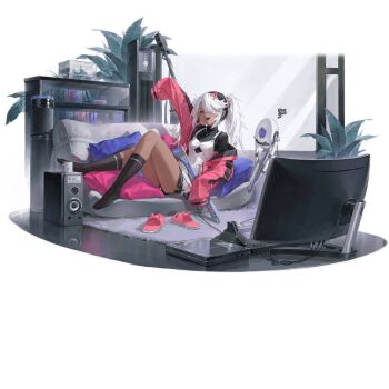 1girl anti-materiel_rifle arm_up black_hairband black_socks black_sweater bolt_action bookshelf closed_eyes coffee_mug couch cup dark-skinned_female dark_skin electric_fan eyepatch feet full_body girls'_frontline gun hair_between_eyes hair_ornament hairband hairclip highres holding holding_gun holding_weapon hs.50_(girls'_frontline) hs.50_(how_to_train_a_gamer)_(girls'_frontline) jacket jewelry long_hair long_sleeves lying monitor mug necklace no_shoes non-humanoid_robot off_shoulder official_alternate_costume official_art open_mouth overall_shorts overalls pink_jacket pink_slippers plant potted_plant rifle robot sawamaharu ship_in_a_bottle simple_background sleeves_past_fingers sleeves_past_wrists slippers smile sniper_rifle socks solo speaker squiggle steyr_hs_.50 sweater teeth third-party_source transparent_background turtleneck turtleneck_sweater twintails unworn_slippers upper_teeth_only weapon white_hair white_overalls window wire