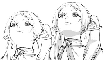 1girl capelet earrings elf expressionless frieren greyscale head_back highres hori38917164 jewelry lineart long_pointy_ears looking_up meme monochrome parted_bangs pointy_ears simple_background sousou_no_frieren teardrop_earrings thick_eyebrows twintails upper_body upward_angle_frieren_drawing_(meme) white_background