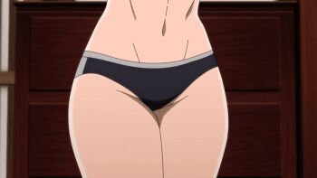 1girl 2025 20s animated animated_gif anime_screenshot armpits arms_behind_head arms_up black_bra black_panties black_sports_bra blonde_hair bra breasts cleavage female_focus large_breasts legs matching_hair/eyes midriff multicolored_eyes muscular muscular_female navel panties sazanami_kuina short_hair smile solo sports_bra stomach tagme thighs tongue tougen_anki underwear underwear_only yellow_eyes