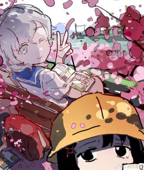2girls alternate_costume backpack bag bare_arms bento black_eyes black_hair black_leotard blue_sailor_collar blue_skirt cherry_blossoms children&#039;s_day closed_mouth corallo day eyelashes falling_petals full_body graph grey_eyes grey_hair hair_between_eyes hair_ornament hairclip haru_(len&#039;en) hat highres lake len&#039;en leotard medium_hair miniskirt mountainous_horizon multiple_girls on_bench one_eye_closed onsen outdoors petals portrait power_lines reading red_bag sailor_collar school_uniform serafuku shirt shitodo_hoojiro short_sleeves sitting skirt sky smile torii unworn_bag v watermark weibo_watermark white_shirt white_sky yellow_hat