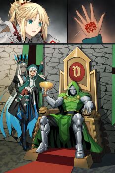 1boy 3girls armor black_dress blonde_hair blue_eyes blue_hair command_spell commission crossover cup doctor_doom dress fate/apocrypha fate_(series) father_and_daughter gradient_hair green_eyes hat high_heels highres holding holding_cup hood husband_and_wife if_they_mated long_hair longdq3008 marvel mask mordred_(fate) mordred_(fate/apocrypha) morgan_le_fay_(fate) morgan_le_fay_(fate/apocrypha) mother_and_daughter multicolored_hair multiple_girls ponytail siblings sisters sitting_on_throne veil very_long_hair white_hair