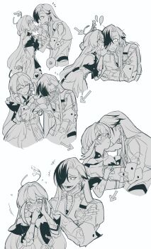 absurdres arrow_(symbol) bare_shoulders bead_bracelet beads boothill_(honkai:_star_rail) bracelet bullet_earrings closed_eyes couple covering_own_mouth crossed_arms cyborg dress earrings eye_contact flustered greyscale hair_over_one_eye halo hand_up hashtag-only_commentary head_wings heart hetero highres honkai:_star_rail honkai_(series) jewelry long_hair looking_at_another mechanical_hands monochrome mrsw0911 multicolored_hair multiple_views open_mouth robin_(honkai:_star_rail) sequential sharp_teeth sheriff_badge simple_background smile speech_bubble spoken_heart spoken_squiggle squiggle teeth two-tone_hair very_long_hair whispering_in_ear white_background wings