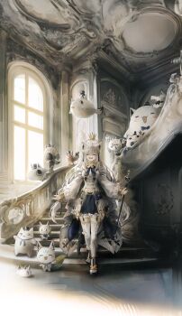 1girl absurdres ahoge animal_ear_fluff animal_ears aqua_eyes architecture black_tail blue_skirt braid commentary corset crosier crossed_bangs crown double-parted_bangs european_architecture extra_ears floating_crown four-leaf_clover_print fox_ears fox_girl fox_tail fubuchun fubuzilla_(shirakami_fubuki) garter_belt gold_wrist_cuffs highres holding holding_staff hololive indoors kyoko_(zeprii4) layered_skirt long_hair long_sleeves looking_at_viewer miteiru_(shirakami_fubuki) multicolored_tail nejima_kitsune_(shirakami_fubuki) official_alternate_costume on_stairs oruyanke_(shirakami_fubuki) shirakami_fubuki shirakami_fubuki_(saint) shirt sidelocks skirt solo staff stairs stone_stairs sukonbu_(shirakami_fubuki) symbol-only_commentary tail thighhighs virtual_youtuber white_corset white_hair white_shirt white_tail white_thighhighs window