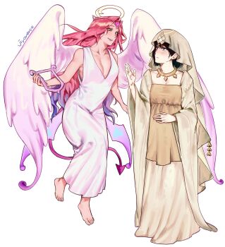 Rule 34 | 2girls, alien stage, angel wings, barefoot, black hair, chinese clothes, closed mouth, commentary, cookie run, cookie run: kingdom, cosplay, demon tail, dress, english commentary, eternal sugar cookie, eternal sugar cookie (cosplay), feet, halo, highres, holding, holding instrument, instrument, jiyoverse, long hair, lyre, mizi (alien stage), multiple girls, mystic flour cookie, mystic flour cookie (cosplay), pink hair, purple eyes, short hair, signature, sleeveless, sleeveless dress, sua (alien stage), tail, toes, veil, very long hair, white dress, wings, yellow eyes