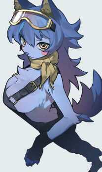 1girl 50-nin_craft :3 absurdres animal_ear_fluff animal_ears animal_hands animal_nose arched_back bandana bare_arms black_gloves black_overalls blue_fur blue_hair blue_tail blush_stickers body_fur breasts butt_crack cleavage closed_mouth commentary_request double-parted_bangs fingerless_gloves from_above from_side full_body furry furry_female gloves goggles goggles_on_head grey_background highres hikimayu large_breasts long_hair low_neckline minecraft_youtube naked_overalls namegata overalls safety_glasses simple_background solo standing tail tail_raised upturned_eyes wolf_ears wolf_girl wolf_tail wowokami yellow_bandana yellow_eyes