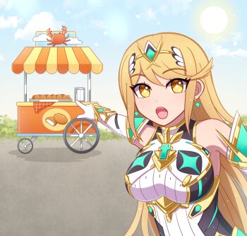 1girl :o absurdres blonde_hair commentary commission crab dress elbow_gloves english_commentary enni food_stand gloves highres long_hair looking_at_viewer meme mythra_(massive_melee)_(xenoblade) mythra_(xenoblade) open_mouth pointing pointing_backward solo two_soyjaks_pointing_(meme) upper_body very_long_hair white_dress white_gloves xenoblade_chronicles_(series) xenoblade_chronicles_2 yellow_eyes