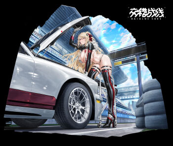 1girl absurdres audience between_breasts bikini black_shrug blonde_hair blush boots breasts car chinese_commentary cleavage commentary_request copyright_name crosscore curvy day faux_figurine gloves high_heel_boots high_heels highres joyeuse_(crosscore) large_breasts long_hair motor_vehicle navel official_art open_car_hood outdoors parted_lips pink_eyes race_queen race_vehicle shrug_(clothing) skindentation solo sweat swimsuit thigh_strap tight_clothes unused_tire very_long_hair vinegar_kira white_bikini white_gloves