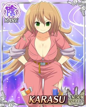 1girl border breasts brown_hair card_(medium) character_name cleavage closed_mouth english_text game_cg green_eyes hands_in_pockets jumpsuit karasu_(senran_kagura) large_breasts leaning_forward long_hair object_in_pocket official_art partially_unzipped pink_jumpsuit pocket senran_kagura senran_kagura_new_wave sleeves_rolled_up smile solo tools torn_clothes torn_jumpsuit