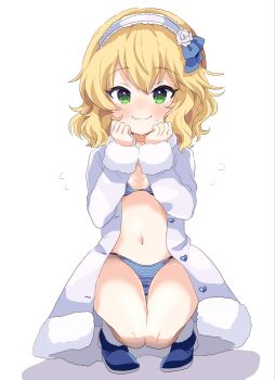 1girl blonde_hair blue_panties bow_hairband bra bright_pupils coat flat_chest flying_sweatdrops green_eyes hairband highres idolmaster idolmaster_cinderella_girls idolmaster_cinderella_girls_u149 jacket light_blush long_sleeves medium_hair navel open_clothes open_jacket panties remiri_nicoeli sakurai_momoka shadow shoes simple_background sitting solo stomach striped_bra striped_clothes striped_panties thighs underwear white_background white_coat