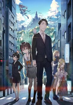 1boy 4girls animal animal_on_shoulder bare_shoulders bird bird_on_shoulder black_hair black_suit blonde_hair blush bob_cut brown_eyes brown_hair bug castle closed_mouth collarbone detached_sleeves dress elsa_muller_(sasaki_to_p-chan) fly formal_clothes full_body green_eyes grey_necktie grey_suit hair_between_eyes hair_ornament hoshizaki_(sasaki_to_p-chan) insect java_sparrow julius_muller_(sasaki_to_p-chan) kantoku long_hair long_sleeves looking_at_viewer magical_girl magical_pink_(sasaki_to_p-chan) mountain multiple_girls necktie open_mouth otonari-san_(sasaki_to_p-chan) p-chan_(sasaki_to_p-chan) pink_hair pleated_skirt ponytail purple_eyes rabbit_hair_ornament sasaki_(sasaki_to_p-chan) sasaki_to_p-chan school_uniform short_hair skirt sky smile standing suit town twintails