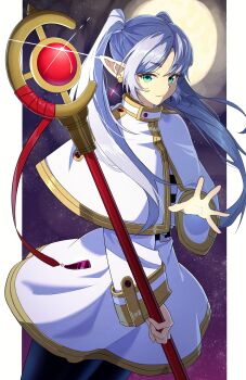 Rule 34 | 1girl, absurdres, capelet, commentary request, dress, earrings, eiryu33, elf, frieren, gold trim, green eyes, grey hair, highres, jewelry, long sleeves, looking at viewer, mage staff, parted bangs, pointy ears, solo, sousou no frieren, staff, teardrop earrings, twintails, white capelet, white dress