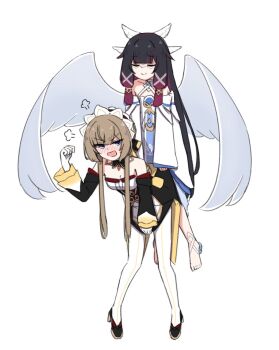 2girls bare_shoulders barefoot black_collar black_hair black_sleeves blue_eyes blush bonnet brown_hair chirun0 clenched_hand closed_eyes closed_mouth collar columbina_(genshin_impact) commentary detached_collar detached_sleeves dress eye_mask genshin_impact gloves gradient_hair hair_ribbon hand_up head_wings high_heels highres long_hair long_sleeves mask multicolored_hair multiple_girls open_mouth pantyhose puff_of_air purple_hair ribbon sandrone_(genshin_impact) simple_background smile strapless strapless_dress v-shaped_eyebrows very_long_hair white_background white_dress white_gloves white_pantyhose white_wings wings
