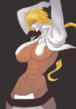 1girl 2023 abs bleach blonde_hair breasts colored_eyelashes cropped_jacket dark-skinned_female dark_skin espada female_focus frey_seamonster green_eyes large_breasts medium_hair simple_background tier_harribel toned toned_female underboob