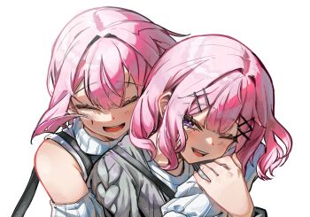 Rule 34 | 2girls, absurdres, amaori haruna, amaori renako, arm warmers, bare shoulders, commentary request, detached sleeves, fingernails, grey jacket, hair between eyes, hair intakes, hair ornament, hairclip, highres, hug, jacket, medium hair, multiple girls, one eye closed, purple eyes, sh1 uu1, shirt, simple background, smile, teeth, tongue, upper body, upper teeth only, watashi ga koibito ni nareru wake naijan murimuri!, white arm warmers, white background, white shirt