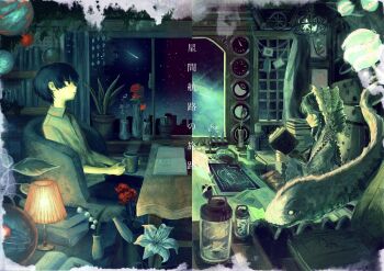 1boy 1girl black_hair black_pants book book_stack bookshelf border bow cactus chair clock collared_dress collared_shirt commentary creature cup dress drill_hair expressionless fading_border flower frilled_dress frills from_side hairband hands_up highres holding holding_book holding_cup indoors jar lamp lantern lily_(flower) lily_of_the_valley lolita_fashion lolita_hairband long_sleeves medium_hair night night_sky open_book original pants plant potted_plant red_flower red_rose rose science_fiction shirt short_hair sitting sky skyline smile space split_screen su_e3n vase white_border white_flower white_shirt wide_sleeves window