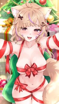 1girl ahoge animal_ear_fluff animal_ears blonde_hair box breasts cat_ears cat_girl cat_tail christmas_tree cleavage colored_inner_hair commentary english_commentary facial_mark gift gift_box hair_ornament indie_virtual_youtuber long_hair looking_at_viewer medium_breasts multicolored_hair naked_ribbon navel open_mouth purple_hair reaching reaching_towards_viewer red_eyes ribbon second-party_source shyrei_faolan solo tail takoroki virtual_youtuber whisker_markings