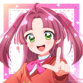 Rule 34 | 1girl, :d, artist name, blazer, buttons, commentary, double-breasted, dress shirt, green eyes, hair intakes, hair ribbon, jacket, kobayashi mikuru, kyanos (b 0000ff), long hair, looking at viewer, meitantei precure!, neck ribbon, open mouth, parted bangs, pointing, pointing at viewer, precure, purple hair, purple ribbon, red jacket, ribbon, shirt, signature, smile, solo, two side up, upper body, white shirt, wing collar