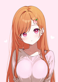 1girl absurdres blush breasts collarbone food-themed_hair_ornament hair_behind_ear hair_ornament hair_over_shoulder hairclip head_tilt heart highres large_breasts long_hair long_sleeves looking_at_viewer orange_hair original otokucha parted_lips peach_hair_ornament pink_background pink_eyes shirt solo swept_bangs upper_body white_shirt