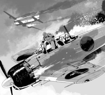1boy a6m_zero aerial_battle aircraft airplane b-29_superfortress battle bomber burning cloud commentary_request fire flight_suit flying gloves highres matsuda_juukou military military_vehicle original outdoors pilot propeller propeller_fighter shot_down sky smoke vehicle_focus world_war_ii