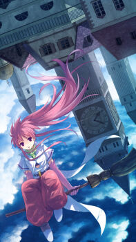 1girl arche_klein broom broom_riding cityscape elbow_gloves female_focus gloves long_hair outdoors pants pink_eyes pink_hair pink_pants sky solo tales_of_(series) tales_of_phantasia upside-down yakka