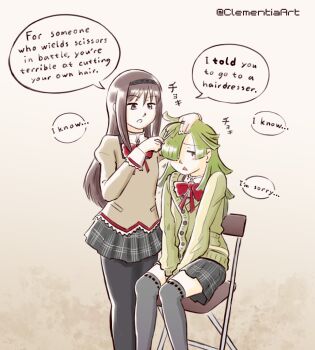 ... 2girls akemi_homura aki_mabayu between_legs black_hair black_hairband black_skirt black_thighhighs blush bow buttons chair clementiaart cutting_hair dress dress_bow embarrassed english_text feet_out_of_frame folding_chair gradient_background green_hair green_sweater grey_background grey_dress hair_over_one_eye hairband hand_between_legs hand_on_another's_head high_collar highres holding holding_scissors jewelry long_hair long_sleeves looking_at_another looking_to_the_side mahou_shoujo_madoka_magica mitakihara_school_uniform multiple_girls open_mouth purple_eyes red_bow ring school_uniform scissors sidelocks sitting skirt speech_bubble standing sweater thighhighs zettai_ryouiki