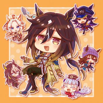 6+girls ahoge animal_ears armband ascot asymmetrical_shirt beanie black_ascot black_boots black_coat black_gloves black_hair black_jacket black_pants blue_coat blue_eyes blunt_bangs blush blush_stickers boots bow breasts brown_eyes brown_hair brown_hat chibi closed_eyes coat commentary_request denim double_v dream_journey_(reminder_of_dreamland)_(umamusume) dream_journey_(umamusume) dress ear_covers ear_ornament ear_ribbon ears_through_headwear fenomeno_(black_flames_of_the_righteous_spirit)_(umamusume) fenomeno_(umamusume) flipped_hair glasses gloves goggles goggles_around_neck gold_ship_(red_strife)_(umamusume) gold_ship_(umamusume) grey_hair grey_hat hair_between_eyes hat highres horse_ears horse_girl horse_tail horseshoe_hat_ornament horseshoe_ornament jacket jeans knife_sheath long_hair long_sleeves looking_at_viewer multicolored_hair multiple_girls nakayama_festa_(shichuukyuukatsu)_(umamusume) nakayama_festa_(umamusume) open_mouth orange_hair orfevre_(control)_(umamusume) orfevre_(umamusume) pants pantyhose peaked_cap pillbox_hat purple_eyes purple_hair red_dress sasa_no_cha sheath shirt single_ear_cover sleeveless sleeveless_dress smile stay_gold_(sunlit_outsider)_(umamusume) stay_gold_(umamusume) stay_gold_clan_(umamusume) striped_armband striped_clothes tail torn_clothes torn_jeans torn_pants torn_shirt two-tone_hair umamusume v white_coat white_gloves white_hair white_pantyhose white_shirt wrist_belt yellow_coat