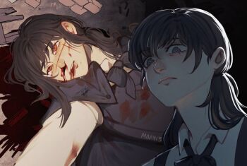 Rule 34 | 2girls, black hair, blood, blood from mouth, breasts, chainsaw man, collared shirt, cross scar, dress, facial scar, fourth east high school uniform, hair between eyes, la maryd13, long hair, low twintails, mitaka asa, multiple girls, neck ribbon, open mouth, pinafore dress, ribbon, ringed eyes, scar, scar on cheek, scar on face, scar on nose, school uniform, shirt, sleeveless, sleeveless dress, teeth, twintails, white shirt, yellow eyes, yoru (chainsaw man)