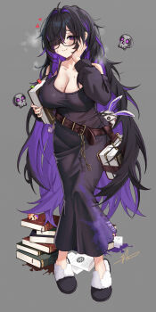Rule 34 | 1girl, absurdres, bare shoulders, belt, black-framed eyewear, black cardigan, black dress, black hair, blush, blushs, book, book stack, bookmark, breasts, breath, brown belt, cardigan, cardigan partially removed, cleavage, closed mouth, collarbone, colored inner hair, commentary, commentary request, dress, floating skull, full body, glasses, goddess of victory: nikke, grey background, hair intakes, hair over one eye, hand on own cheek, hand on own face, heart, highres, holding, holding book, huge breasts, knees together feet apart, label (nikke), large breasts, long dress, long hair, long sleeves, looking at viewer, messy hair, mole, mole on breast, multicolored hair, mushroom, neon (hhs9444), nervous smile, one eye covered, purple eyes, purple hair, purple streaks, signature, simple background, skull, slippers, smile, solo, standing, stuffed animal, stuffed rabbit, stuffed toy, sweat, two-tone hair, variant set, very long hair