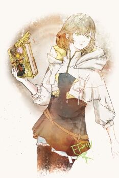 Rule 34 | 1girl, belt, black shirt, blue shorts, book, brown belt, brown hair, closed mouth, commentary request, copyright name, cropped jacket, cutoffs, denim, denim shorts, final fantasy, final fantasy xiv, green eyes, holding, holding book, hood, hood down, hooded jacket, hyur, jacket, long shirt, ruka (blueplus84), shirt, short hair, shorts, solo, sphene (ff14), tassel, white jacket