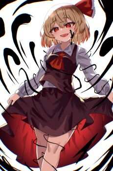 1girl absurdres ascot black_skirt black_vest blonde_hair breasts collared_shirt commentary darkness hair_ribbon highres kiui_(dagk8254) long_sleeves looking_at_viewer open_mouth red_ascot red_eyes red_ribbon ribbon rumia shirt skirt skirt_set smile solo touhou umbrakinesis vest white_shirt