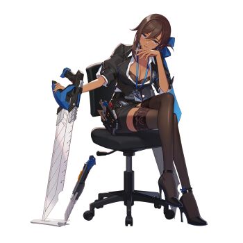 1girl artist_request black_shoes black_survival blue_bow blue_eyes bow breasts brown_hair cathy_huggins chair cleavage compass_(instrument) earrings eternal_return:_black_survival high_heels highres id_card jewelry lanyard marker office_chair official_art pencil shoes sitting solo steel_square swivel_chair third-party_source tool_belt transparent_background weapon
