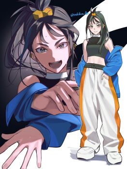 1girl :d baggy_pants black_hair black_shirt blue_jacket breasts closed_mouth commentary_request cube_hair_ornament grey_eyes hair_ornament highres jacket jacket_partially_removed lida_(pokemon) long_sleeves looking_at_viewer medium_breasts midriff multiple_views navel nintendo open_mouth outstretched_crossed_arms pants pokemon pokemon_legends:_z-a shirt sleeveless sleeveless_shirt smile teeth tsukikusa_ao twitter_username v-shaped_eyebrows white_pants