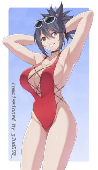 1girl armpits arms_up breasts casual_one-piece_swimsuit cleavage commentary commission commissioner_upload covered_navel cross-laced_clothes cross-laced_one-piece_swimsuit cross-laced_slit english_commentary english_text fujibayashi_sheena fujibayashi_sheena_(queen_of_the_beach) grin highres large_breasts looking_at_viewer md5_mismatch mzrz official_alternate_costume one-piece_swimsuit open_mouth ponytail resolution_mismatch sideboob sideless_outfit sideless_swimsuit simple_background smile solo source_smaller sunglasses swimsuit tales_of_(series) tales_of_symphonia thighs watermark