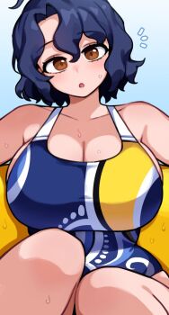 1girl :o antenna_hair armpits blue_background blue_one-piece_swimsuit blush breasts brown_eyes competition_swimsuit dot_nose eyelashes forehead gradient_background huge_breasts idolmaster idolmaster_million_live! idolmaster_million_live!_theater_days innertube knees_together_feet_apart kwaejina looking_at_viewer notice_lines official_alternate_costume one-piece_swimsuit parted_bangs print_one-piece_swimsuit print_swimsuit short_hair solo sweat swim_ring swimsuit toyokawa_fuka upper_body wavy_hair wet