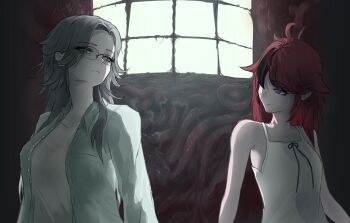 2girls aotsuki_eito artist_request blue_eyes genderswap genderswap_(mtf) glasses grey_hair highres intestines multiple_girls non-web_source red_hair rivdevy saya_no_uta source_request sumino_takumi the_hundred_line_-last_defense_academy- yuri