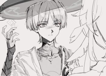 1boy 1girl armor blunt_ends bodysuit bridal_gauntlets choppy_bangs closed_mouth commentary_request covered_collarbone eyeliner facing_another feather_hair_ornament feathers genshin_impact grey_background greyscale hair_ornament hand_up hat highres japanese_armor japanese_clothes jingasa kimono kote lic_617 looking_at_another lumine_(genshin_impact) makeup mandarin_collar middle_ring monochrome open_clothes open_hand open_kimono red_eyeliner scaramouche_(genshin_impact) scene_reference short_hair shoulder_peek sketch split_mouth spot_color tsurime wanderer_(genshin_impact)