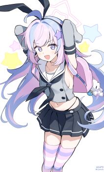 1girl absurdres ahoge animal_ears arms_up backpack bag bag_charm black_neckerchief black_panties blue_archive breasts charm_(object) commentary_request cosplay crop_top elbow_gloves fake_animal_ears gloves grey_shirt grey_skirt hair_intakes hair_ornament hairband halo halo_behind_head highleg highleg_panties highres kantai_collection korean_commentary light_blush long_hair looking_at_viewer miniskirt multicolored_hair navel neckerchief open_mouth panties pink_hair purple_eyes purple_hair rabbit_ears reisa_(blue_archive) sailor_collar shimakaze_(kancolle) shimakaze_(kancolle)_(cosplay) shirt sideboob skindentation skirt small_breasts smile solo star-shaped_pupils star_(symbol) star_hair_ornament star_symbol_background striped_clothes striped_thighhighs symbol-shaped_pupils thighhighs two-tone_hair ujuro underwear white_gloves zettai_ryouiki