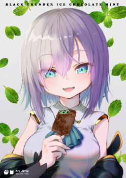 1girl :d aqua_ascot ars_almal ars_almal_(1st_costume) ascot black_sleeves blue_ascot blue_eyes breasts character_name chocolate detached_sleeves english_text food hair_between_eyes highres holding holding_food holding_ice_cream ice_cream ice_cream_bar large_breasts light_blush long_sleeves looking_at_viewer mint mint_chocolate nijisanji open_mouth puffy_long_sleeves puffy_sleeves shirt simple_background sleeveless smile solo tatami_kami upper_body virtual_youtuber white_hair white_shirt