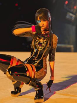 1girl 3d artist_request black_footwear black_gloves black_hair black_thighhighs blue-tinted_eyewear boots cyberpunk fingerless_gloves gloves highres long_hair looking_at_viewer monocle open_clothes original purple_eyes scouter sleeves_rolled_up tagme thighhighs tinted_eyewear zipper