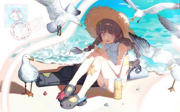 1girl bare_arms bare_legs bare_shoulders beach bikini bird black_hair blue_archive braid crocs hat highres leaf leaf_on_head long_hair looking_at_viewer miyu_(blue_archive) miyu_(swimsuit)_(blue_archive) ocean official_alternate_costume official_alternate_hairstyle open_mouth red_eyes ryuuforkaf sitting solo straw_hat sun_hat swimsuit twin_braids white_bikini