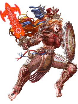 Rule 34 | 1girl, abs, absurdres, armor, armored boots, barefoot, boobplate, boots, breastplate, chinese commentary, commentary request, cosplay, crucible (doom), doom: the dark ages, doom (series), doomguy, doomguy (cosplay), floating hair, full body, gauntlets, headpiece, highres, holding, holding shield, holding sword, holding weapon, hyt, leg armor, long hair, looking afar, muscular, muscular female, open mouth, orange eyes, orange hair, pauldrons, pelvic curtain, satsuki rin, shield, shoulder armor, simple background, smile, solo, sword, touhou, transparent background, weapon