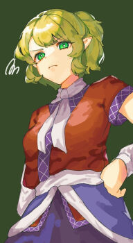 1girl blue_skirt breasts closed_mouth frown furrowed_brow green_background green_eyes green_hair green_shirt half_updo hand_on_own_hip highres long_sleeves mizuhashi_parsee oftooon scarf shirt short_hair short_sleeves simple_background skirt small_breasts solo squiggle touhou white_scarf