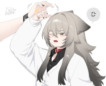 1girl anger_vein animal_ears black_shirt collared_shirt commentary corset degrees_of_lewdity english_commentary grey_hair highres kai_(drakkai10) long_hair one_eye_closed open_mouth player_character_(degrees_of_lewdity) player_character_(female)_(degrees_of_lewdity) red_corset shirt shoya_(kai_(drakkai10)) simple_background solo_focus speech_bubble spoken_anger_vein upper_body white_shirt wolf_ears wolf_girl