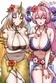 2girls arms_under_breasts bikini black_bikini blonde_hair breasts cleavage colored_inner_hair crossed_arms female_focus fire_emblem fire_emblem_heroes flower goat_horns grey_hair gullveig_(fire_emblem) gullveig_(summer)_(fire_emblem) hair_flower hair_ornament hand_on_own_chest hand_on_own_thigh highres horns huge_breasts jewelry leaning_forward long_hair looking_at_viewer multicolored_hair multiple_girls navel nerthuz_(fire_emblem) nerthuz_(summer)_(fire_emblem) nintendo official_alternate_costume pendant pink_hair ponytail purple_eyes rotomdocs sarong simple_background smile swimsuit thighlet very_long_hair white_background white_bikini yellow_eyes yellow_sarong