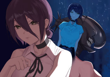 1girl absurdres black_choker black_ribbon bomb_devil_(chainsaw_man) chainsaw_man choker closed_mouth collared_shirt green_eyes hair_between_eyes hair_bun highres miromiro_(pzkx7347) multiple_views neck_ribbon object_head purple_hair reze_(chainsaw_man) ribbon shirt sleeveless sleeveless_shirt smile white_shirt